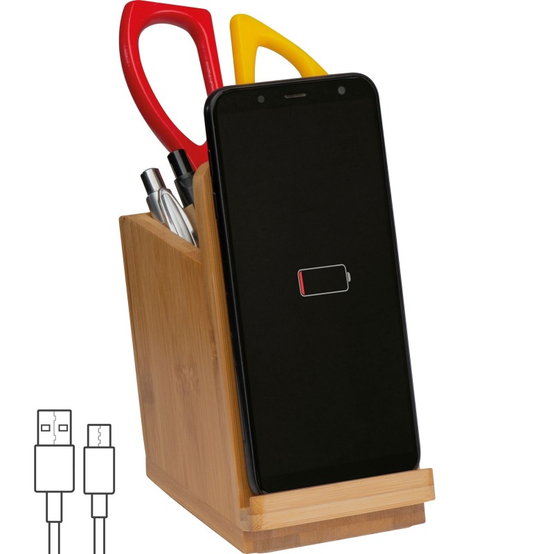 Bamboo pencil cup with induction charger
