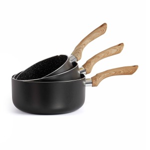 Set of 3 stone & wood look saucepans