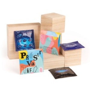 Condom in a square pouch