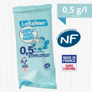 Ethylotest single use 0,5g/l NF, chrome-free. Produced in the Hérault department.