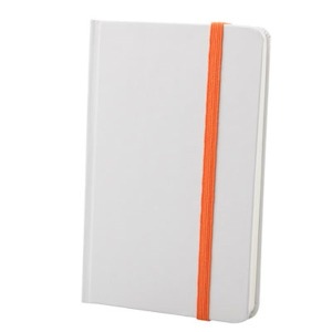 White notebook with colored elastic band on hard cover