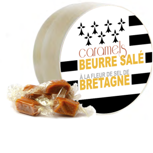 Large round wooden box with salted butter caramels