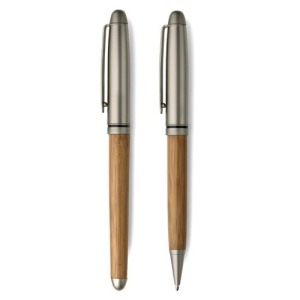 Parure de stylo bille et roller en bambou et métal