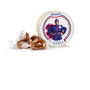 Small round wooden box with salted butter caramels