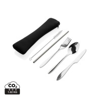 Set of 3 reusable stainless steel cutlery items and 1 straw