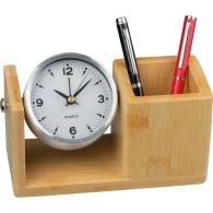 Bamboo pencil cup with analogue clock