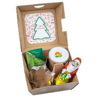 Christmas gift box - Spruce seed stick, starry mussels, orange jam jar and chocolate Father Christmas