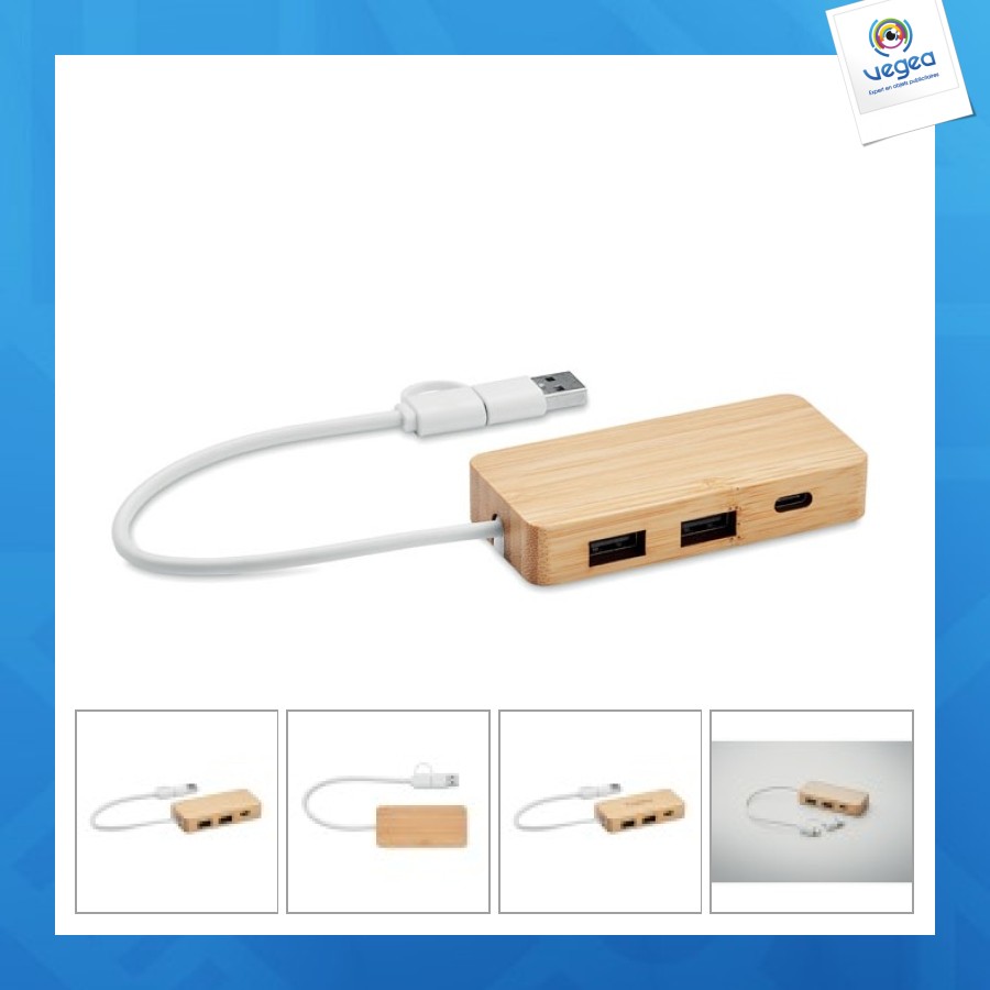 3 port usb hub in bamboo