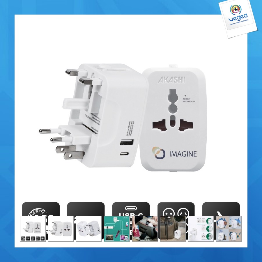 Adaptateur universel de voyage avec sorties usb-c et usb-a - blanc