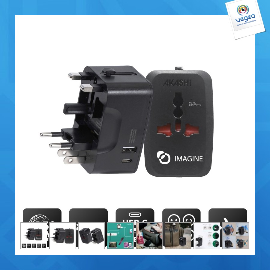 Adaptateur universel de voyage avec sorties usb-c et usb-a - noir