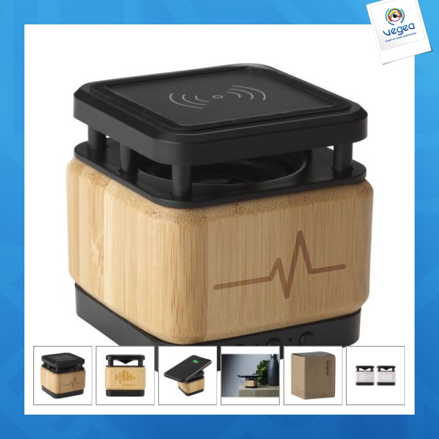 Bamboo block speaker with wireless charger