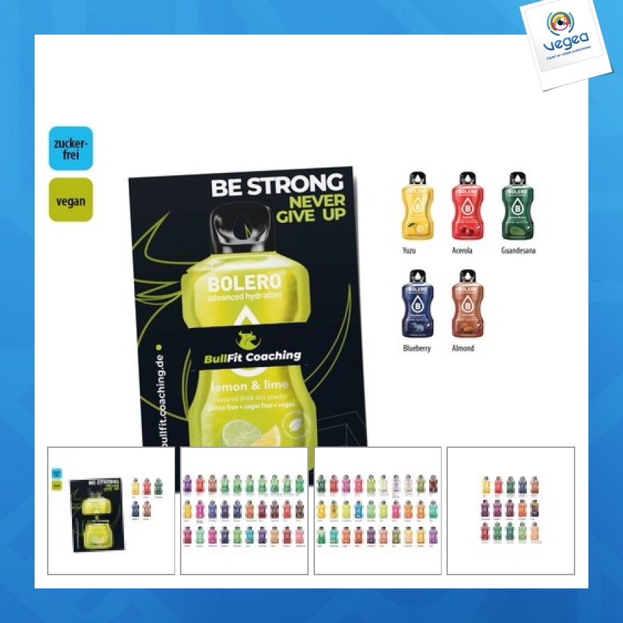 Bolero sugar-free drink powder with promotional card