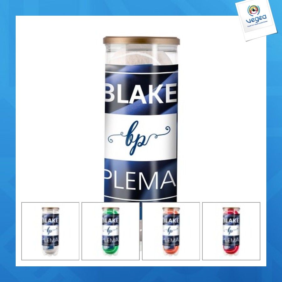 Box of 3 coloured tennis balls - logo on balls and box