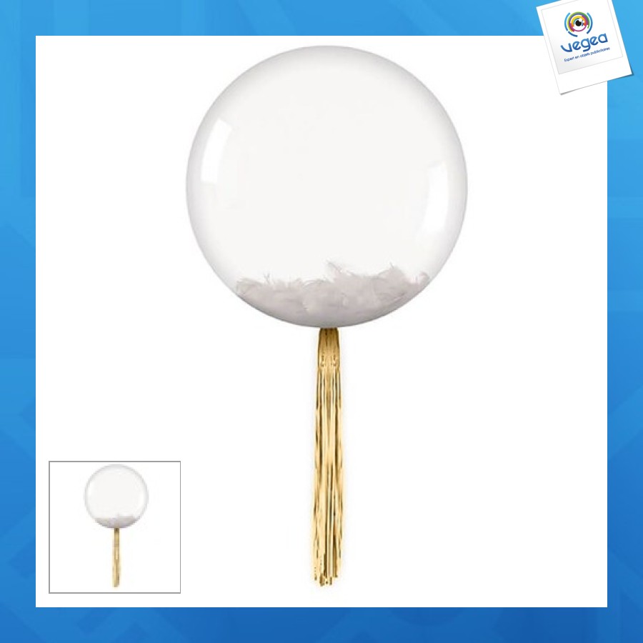 Bubble ball 40 cm with white feathers tassel 45 cm gold foil