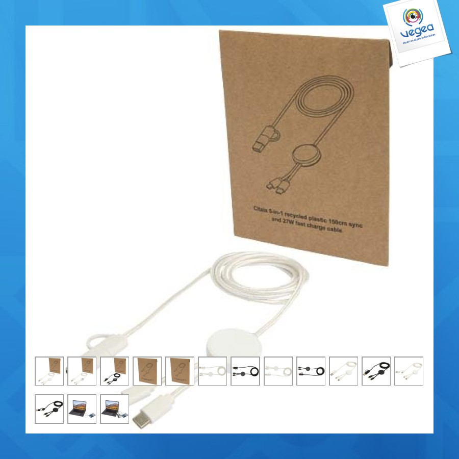 Câble 5 en 1 citala en plastique recyclé de 150 cm pour la synchronisation des données et la charge rapide de 27 w