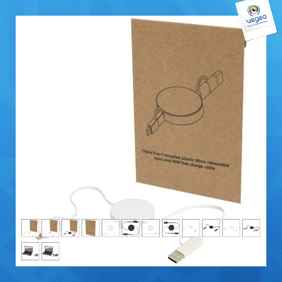 Câble rétractable 5 en 1 citala en plastique recyclé de 90 cm pour la synchronisation des données et la charge rapide de 40