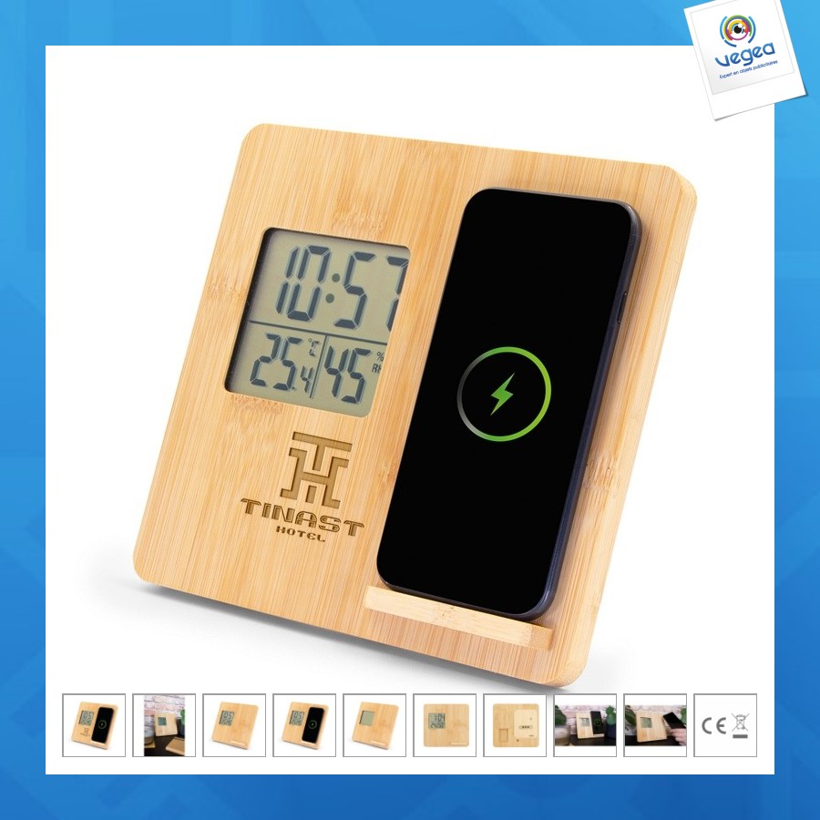 Chargeur sans fil en bambou 10w, station météo - - kahele