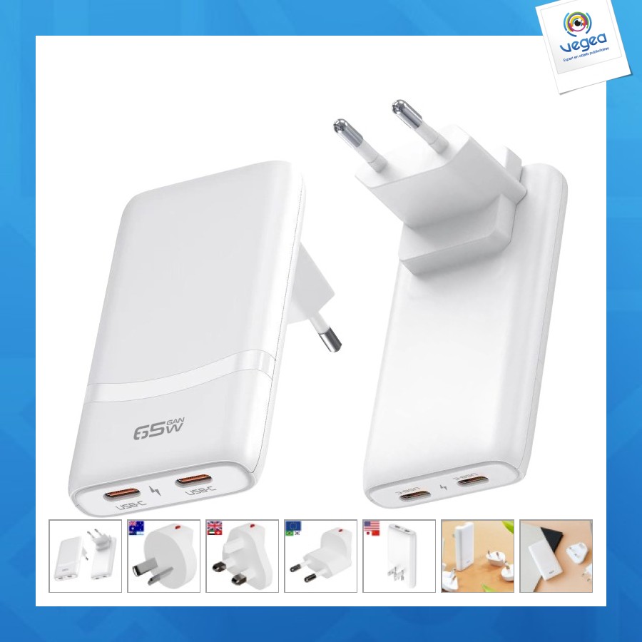 Chargeur secteur 65w universel - eu/us/uk/aus