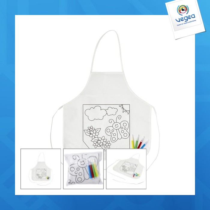 Children's polyester apron to colour in delivered with 4 felt-tip pens. Children's polyester apron to colour in delivered with 4 felt-tip pens.
