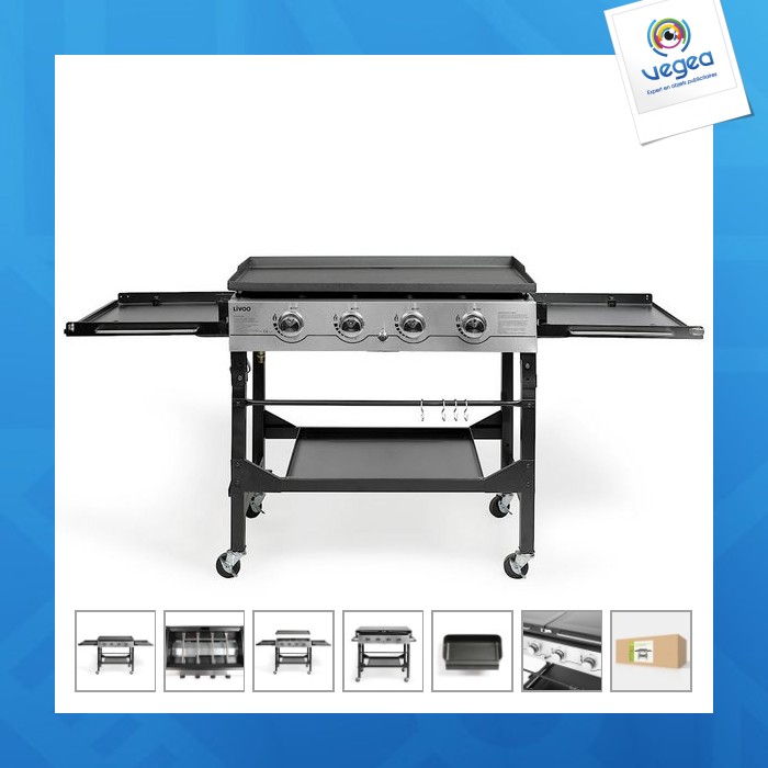 Gas griddle with 4 burners on a table