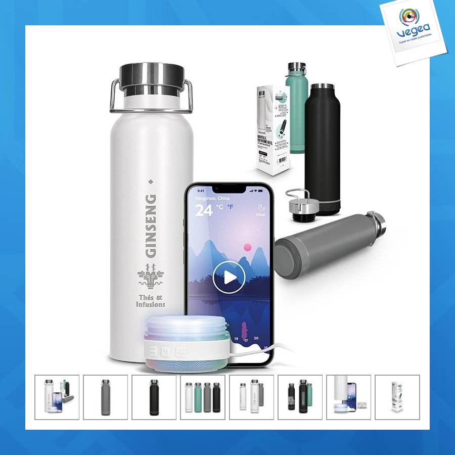 Haut-parleur enceinte et bouteille isotherme double-paroi inox 60 cl