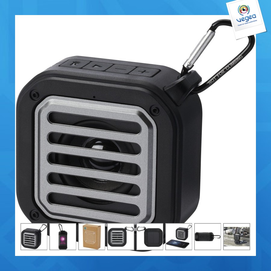 Haut-parleur solaire bluetooth® solo de 3 w ipx5 en plastique recyclé certifié rcs avec mousqueton