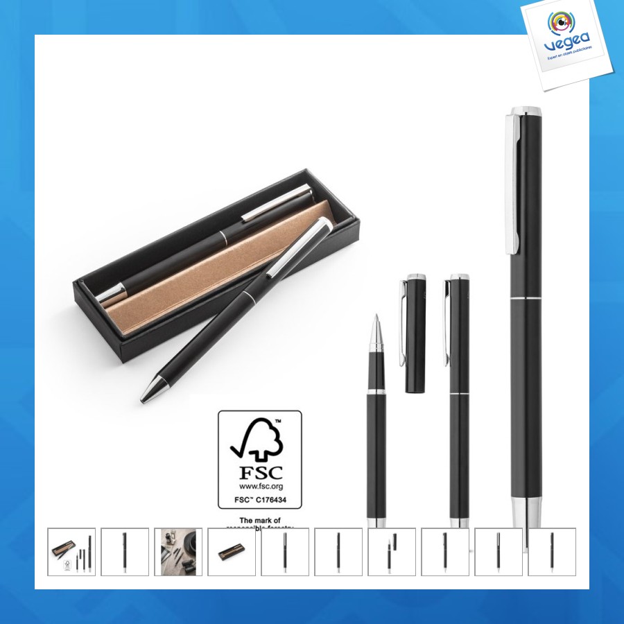 Leah. parure de stylo à bille et de roller en aluminium recyclé respectivement 53% et 94% recyclé avec clip