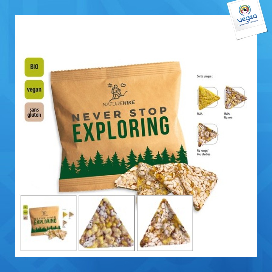 Organic corn crispy triangles in promotional bag