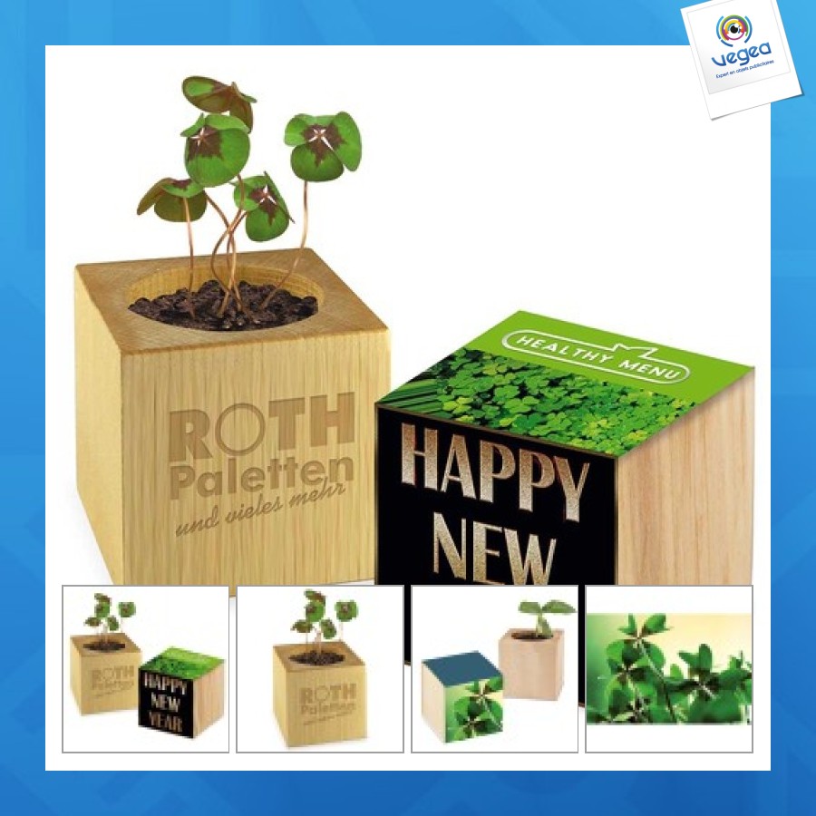 Pot cube bois mini - trèfle à 4 feuilles - - sans gravure laser