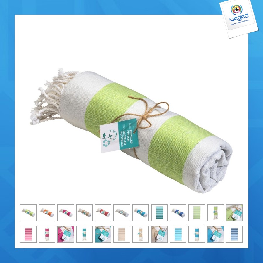 Serviette de plage / paréo en coton recyclé de 180g/m² avec frange, mesure 90x170cm