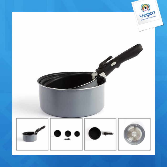 Set of 3 pans with removable handle, Pots, pans, casseroles and couscous  dishes, Tableware