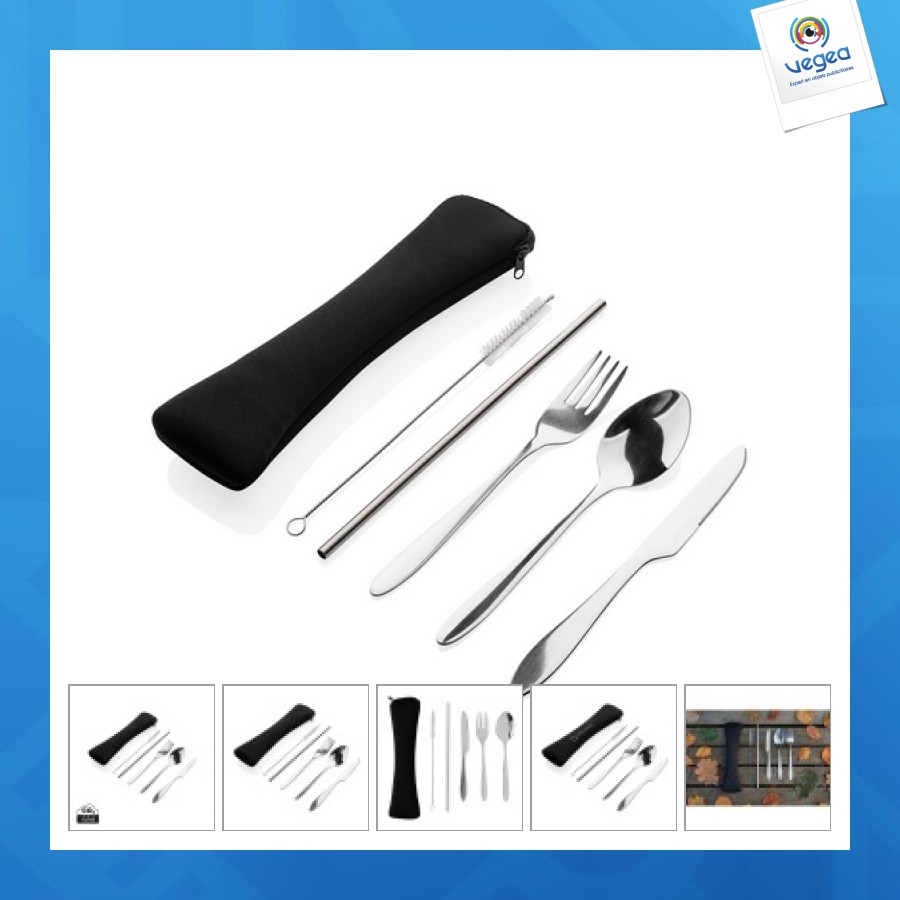 Set of 3 reusable stainless steel cutlery items and 1 straw