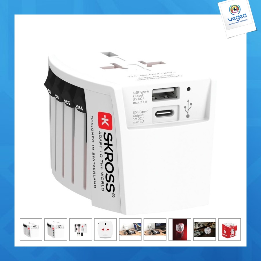 Skross adaptateur de voyage universel muv 2-pôles avec usb