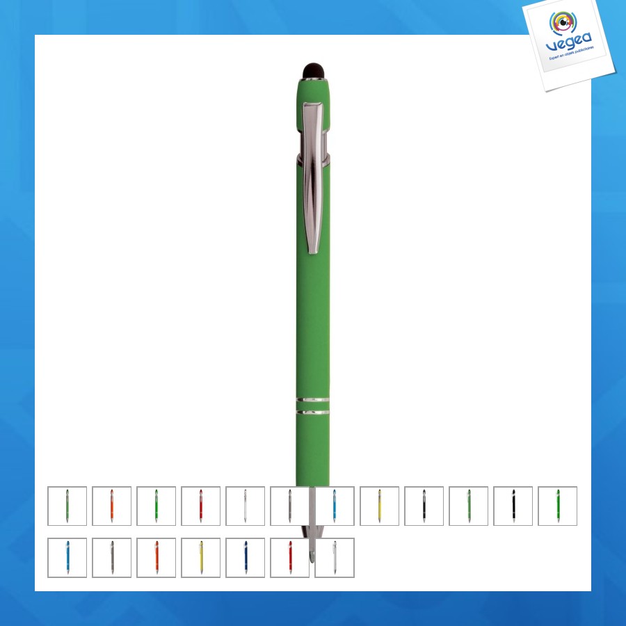 Stylo à bille en aluminium caoutchouté avec gomme pour écran tactile et clip en métal
