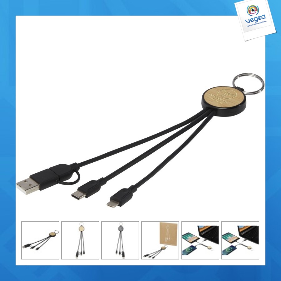 Tecta 6-in-1 charging cable in recycled plastic/bamboo with key ring
