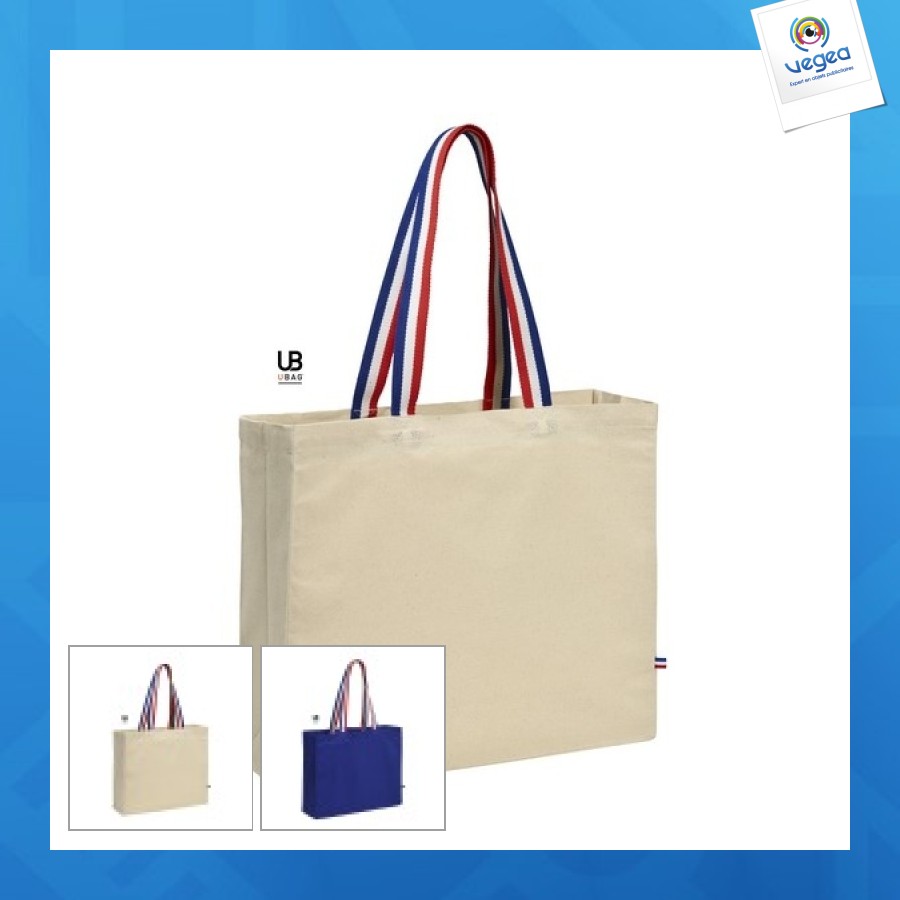 Tote bag 180g/m² coton anses bleu/blanc/rouge avec soufflets
