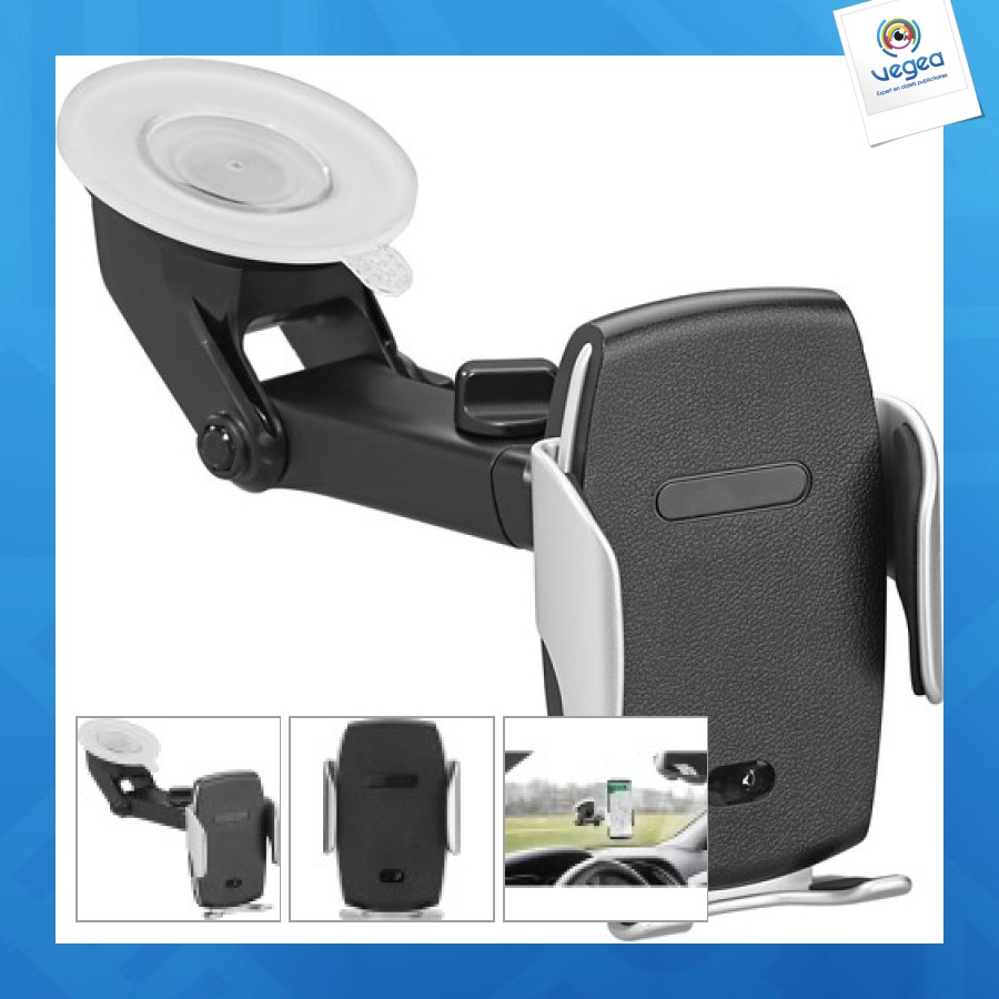 Wireless car charger with laptop holder, suction cup and motion sensor for automatic opening